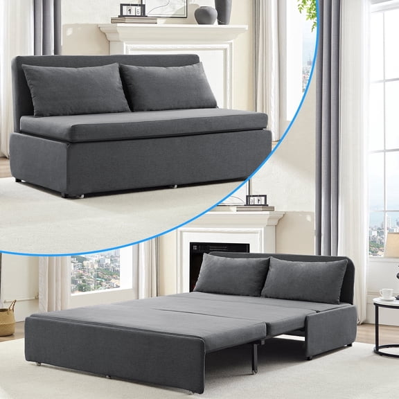 ijuicy 64" Queen Sleeper Sofa Bed, Pull Out Couch with Throw Pillows, Upholstered Corduroy Futon for Living Room, Dark Gray