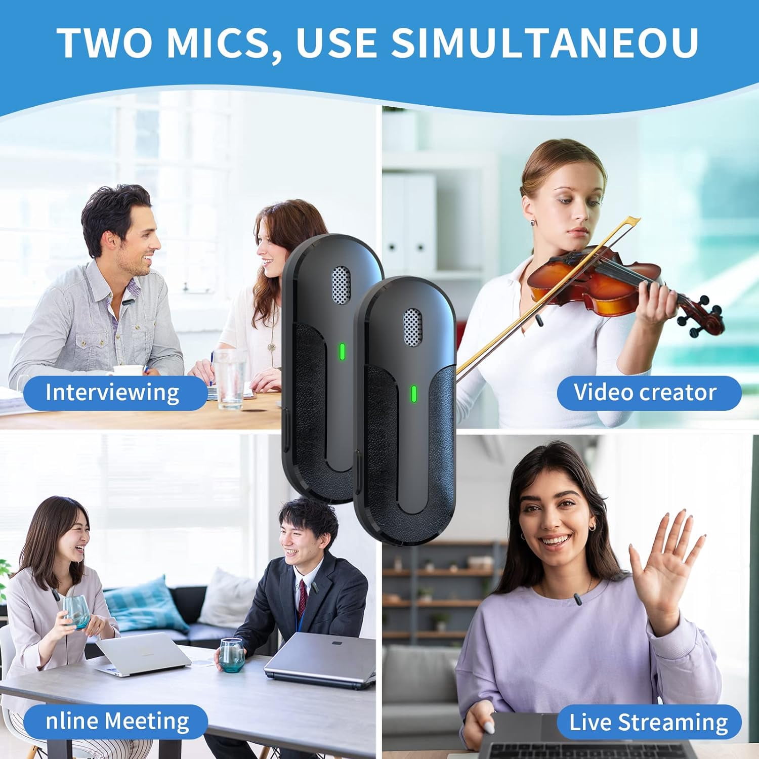 2 Microphones Professional Wireless Lavalier Microphone for Android iPhone iPad with Adapter Noise Cancelling 2.4G Dual Channel Lavalier Microphone with Charging Case for Video Recording, Interview