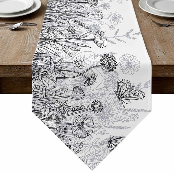 Grey Wildflowers Table Runner Linen Burlap Table Runner 48 Inches Long Modern Spring Floral Butterfly Plant Dresser Scarves for Kitchen Island Coffee Dining Party Wedding Holiday Decor 13"x48"