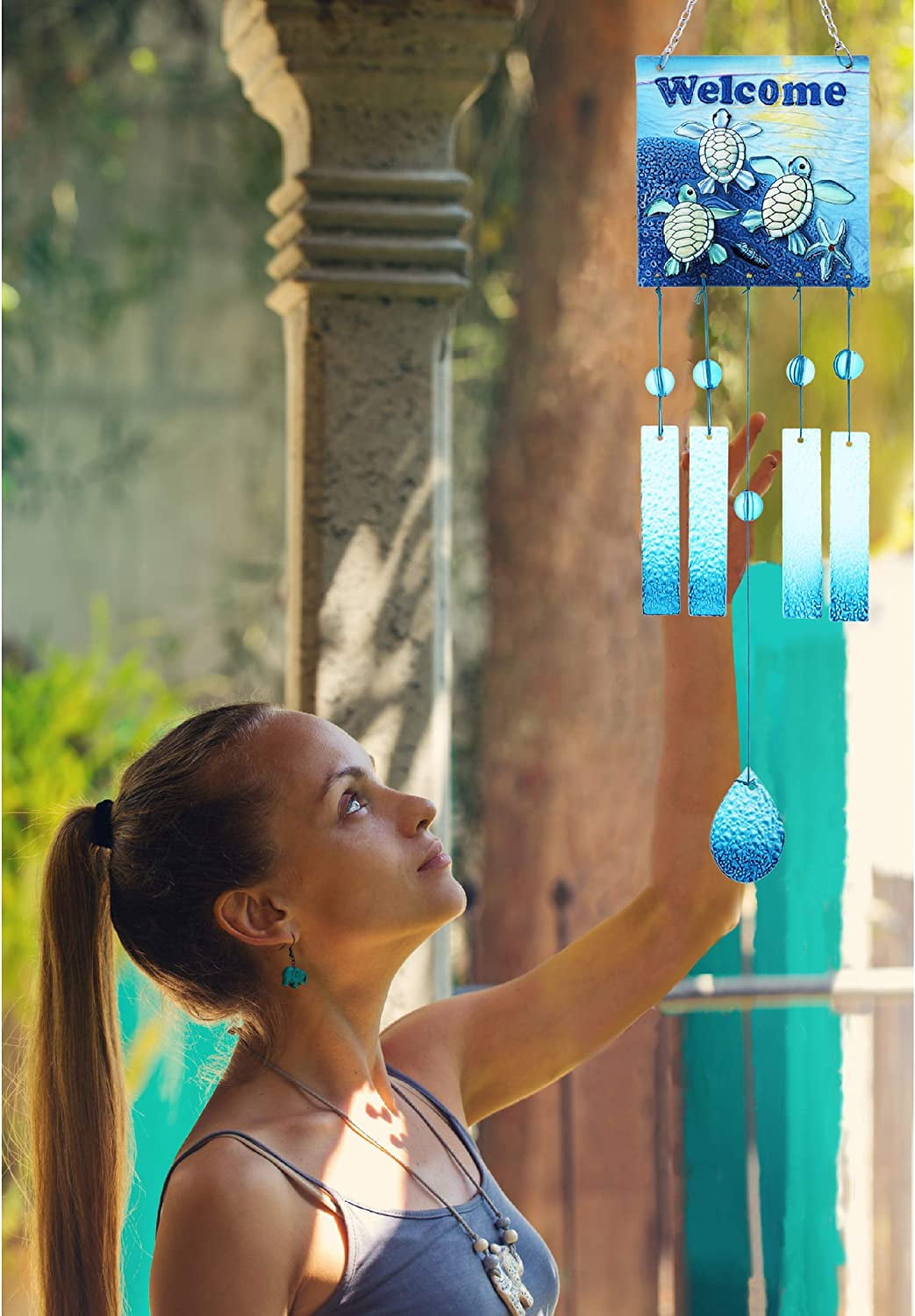 CoTa Global "Welcome" Blue Turtle Hanging Sea Glass Wind Chime 29.92 Inch Nautical Glass Windchime Outdoor Decor for Harmonic Porch, Patio & Garden, Unique Beach Art Indoor Wind Chime Window Mobile