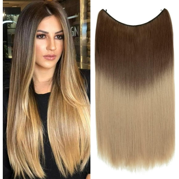 shiyou-Invisible Wire Hair Extensions Halo Hair Extension Hidden Headband Secret Hairpiece Synthetic Fiber For Women No Clip 20 Inch #12H18 Medium Brown To Ash Blonde