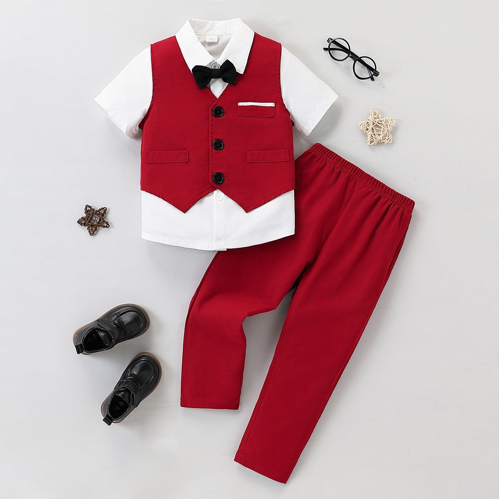 Gubotare Toddler Wedding Outfit Boy Toddler Boy Suit Gentleman Outfit Button up Shirt Bow Tie Vest Elastic Pants Formal Clothes 6-7,(Red 6-7 Years)