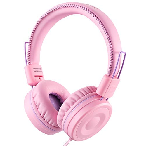 POWMEE M1 - Auriculares para niños con cable para niños, plegables, estéreo, ajustables, sin enredos, cable jack de 0.138 in, auriculares supraaurales para niños (rosa)
