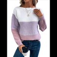 thumbnail image 2 of Suéter Informal de Cuello Redondo, Acanalado, de Punto con Bloques de Color, Hombros Caídos y Larga para Mujer, Otoño e Invierno. Púrpura L, 2 of 9