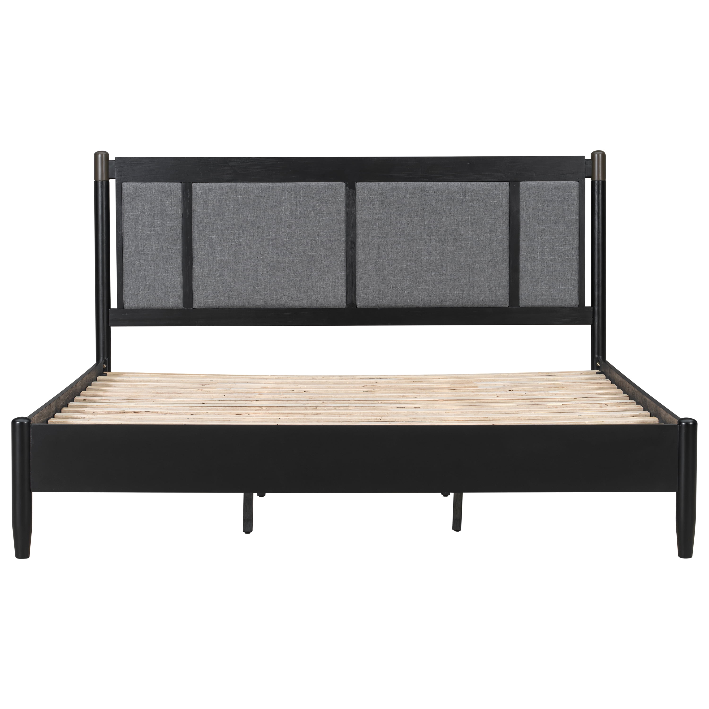 King Bed Frame 81 Inch, Solid Wood Platform Bed with Upholstered Headboard and Metal Handles, Heavy Duty Bed Frame with 600 lbs Support, Black