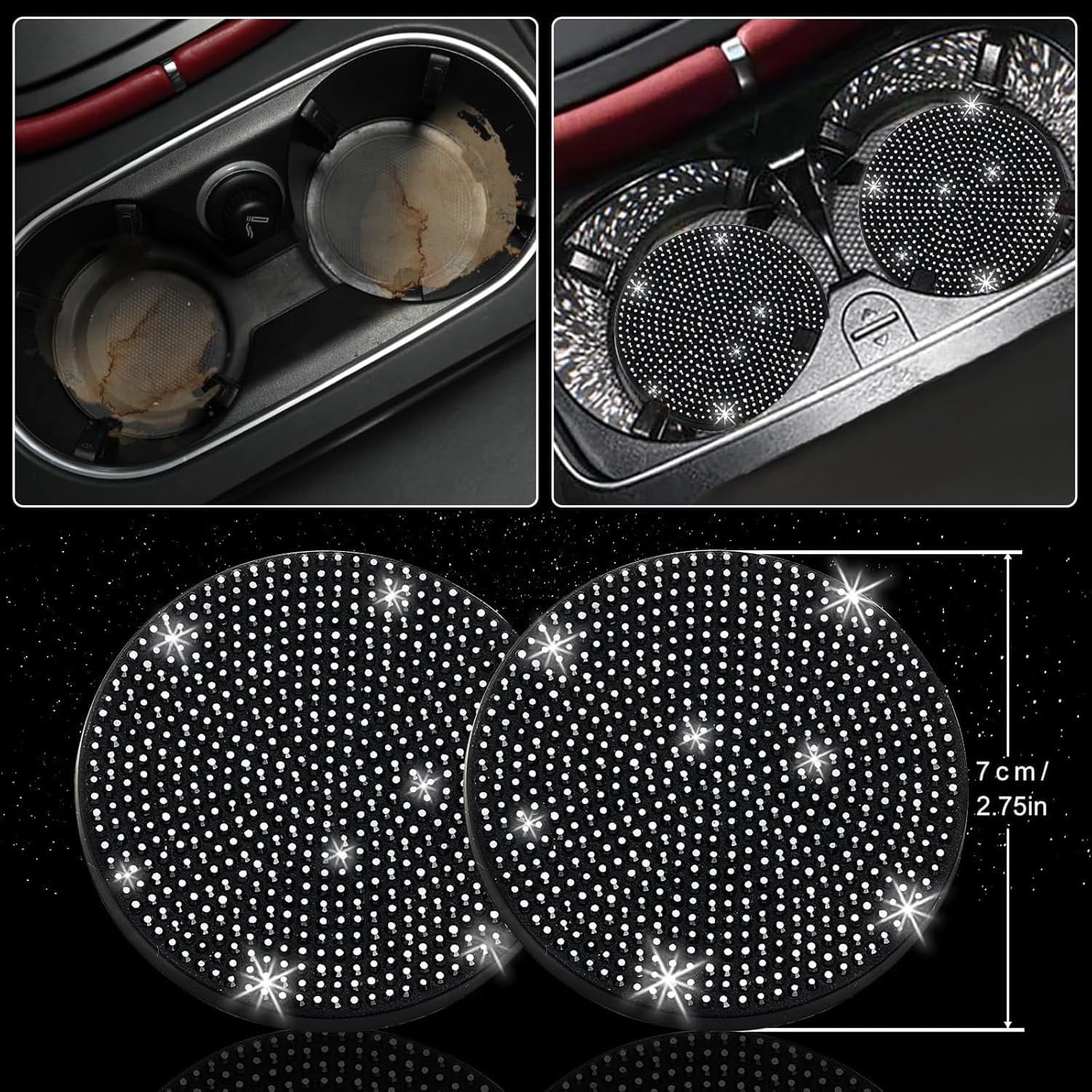 27 Pcs Pink Bling Car Accessories Set for Women, Steering Wheel Cover with Rhinestone Console Cover Seat Belt Cushion Shift Knob Cup Coaster Car Hanging （black）