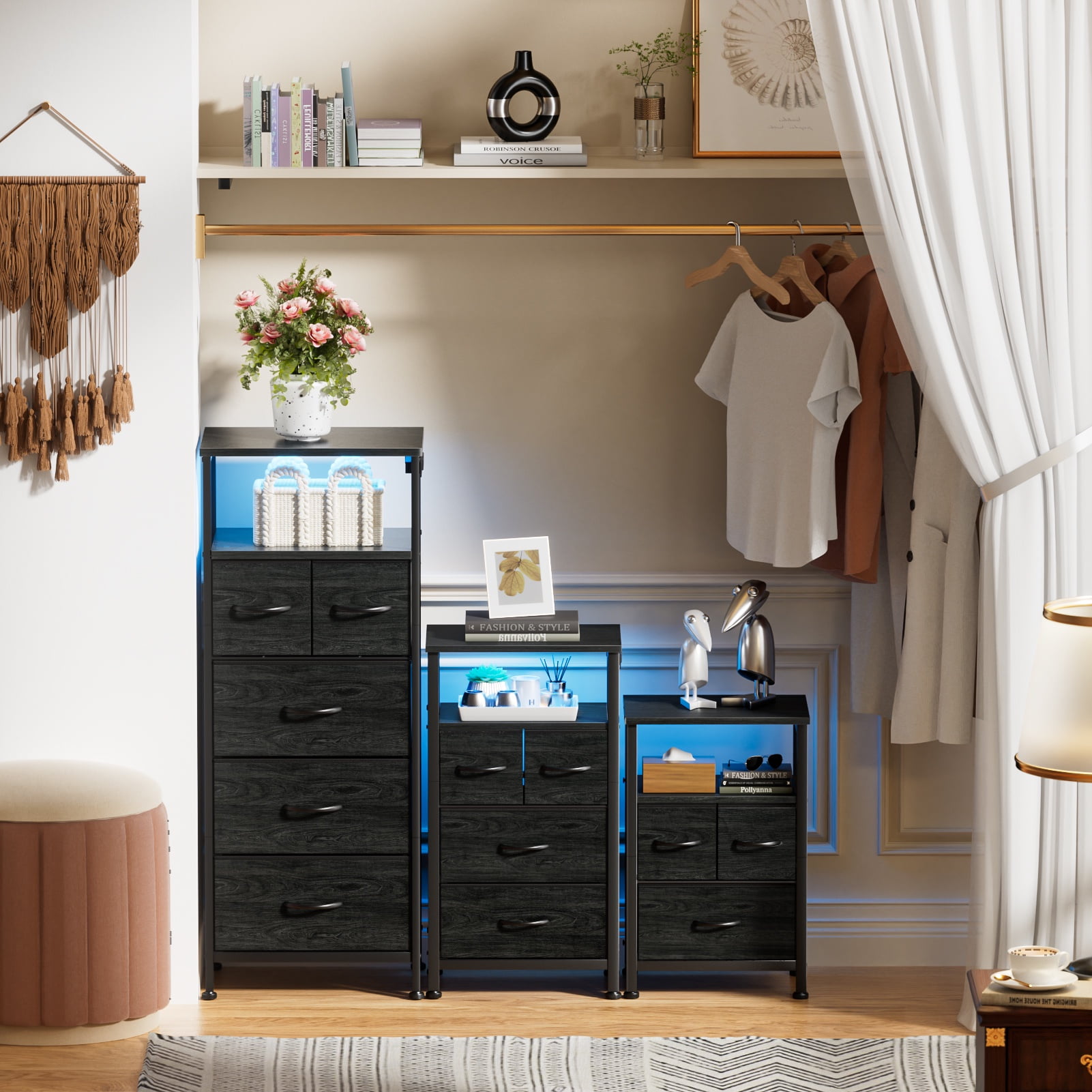Satifur Nightstand with Charging Station and LED Lights,  Chest of 3 Fabric Drawers, Black