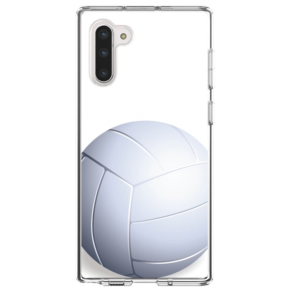 DistinctInk Clear Shockproof Hybrid Case for Samsung Galaxy Note 10 (6.3" Screen) - TPU Bumper, Acrylic Back, Tempered Glass Screen Protector - White Volleyball