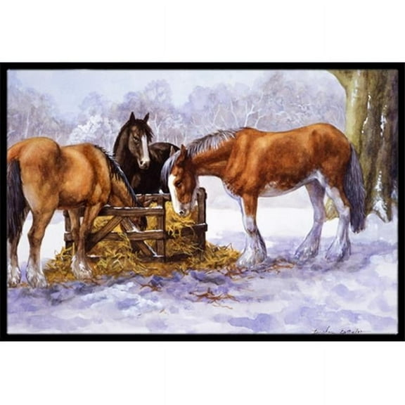 Horses Eating Hay in the Snow Indoor or Outdoor Mat, 24 x 36