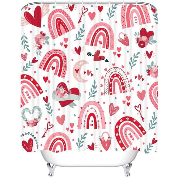 72" x 72" Valentine''s Day Rainbow Shower Curtain Red Love Heart Abstract Bathroom Set Spring Holiday Home Bath Bathtub Decor Durable Fabric Machine Washable with 12 Hooks
