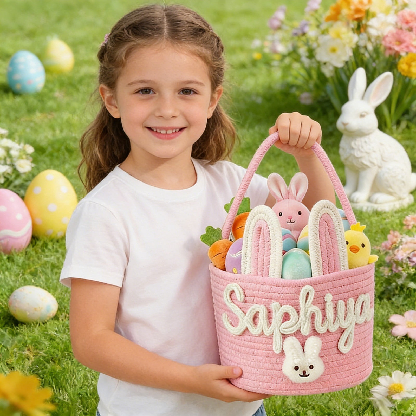 Personalised Easter Basket, Easter Basket 3D Cord Embroidery Technology, Easter Nest for Filling for Boys and Girls, Not Include Dolls (Rabbit Design)