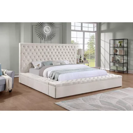 Contemporary Queen Size Storage Bed with Tufted Headboard, Velvet Upholstered Platform Bed, Cream