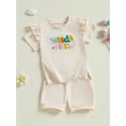 thumbnail image 5 of Toddler Baby Girls Summer Outfit 6 12 18 24 Months 2T 3T Colorful Letter Embroidery Ruffles Short Sleeve T-Shirt and Elastic Shorts Set Cute Clothes, 5 of 9