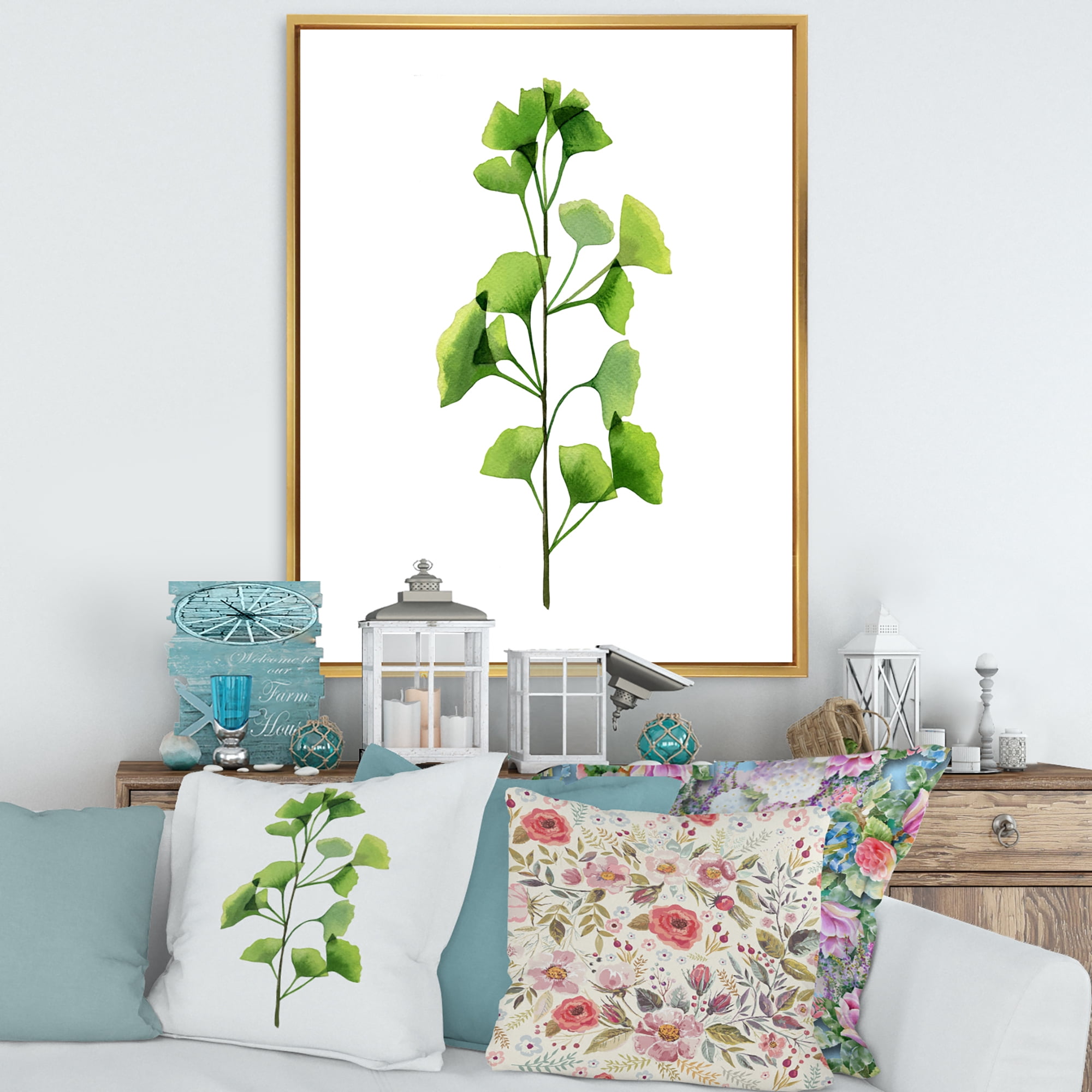 Designart 'Green Field Plant Foliage Branch' Farmhouse Framed Canvas Wall Art Print