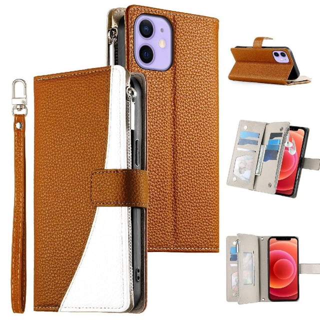 Funda cartera GANGXUN para iPhone 12 Mini , cuero PU con tarjetero, cremallera, correa de mano, soporte y protección 578°