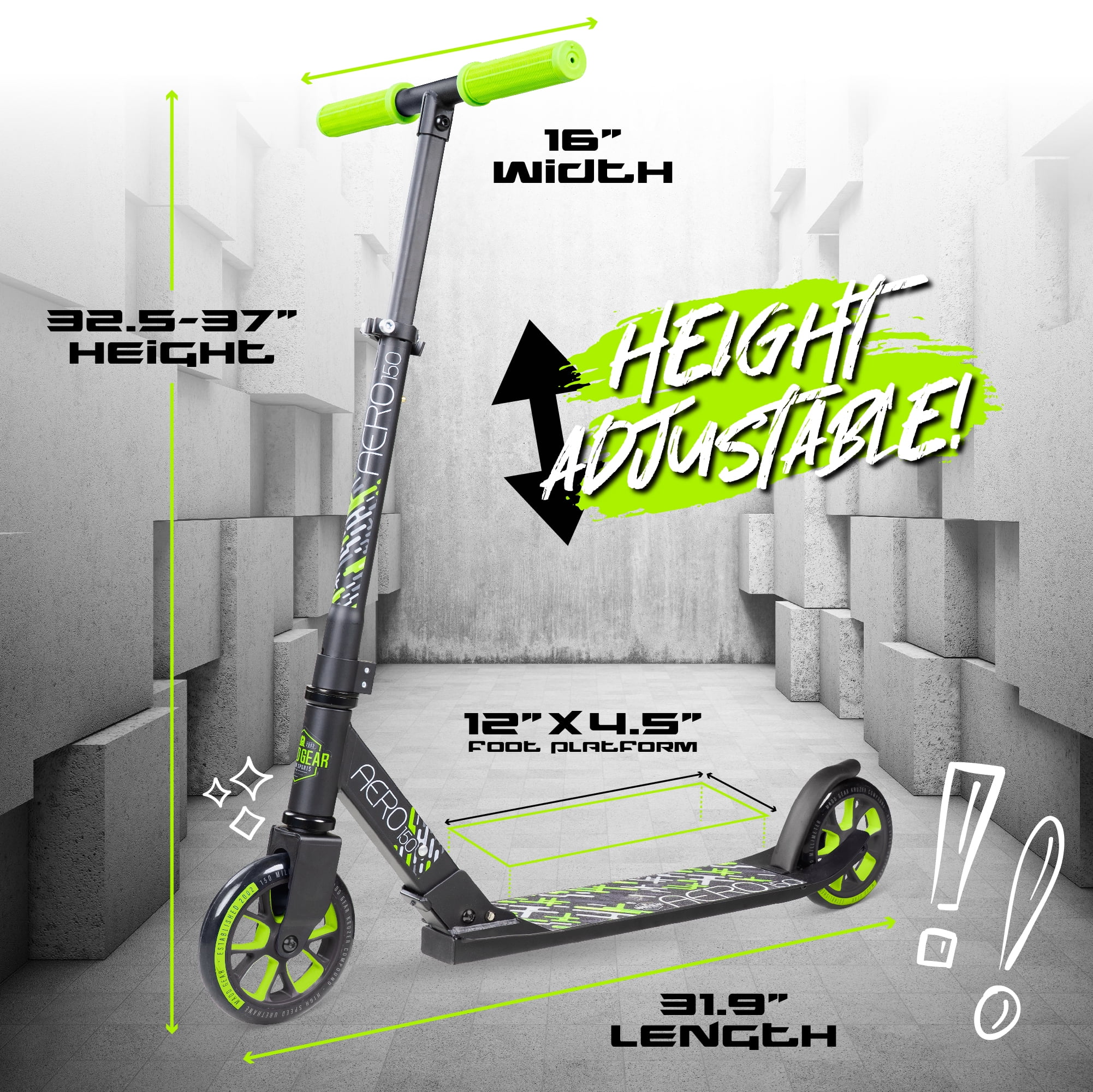 Madd Gear Aero 150 Kick Folding Scooter Large 6" Wheels Adjustable Height Lightweight Kids & Teens 5 Years Plus