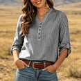 thumbnail image 5 of Uootdi Women's Striped Tops 3/4 Sleeve Henley Neck Roll Tab Blouses Western Casual Style Lightweight Breathable Relaxed Fit Shirts Gift, 5 of 8