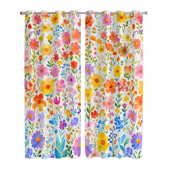Spring Floral Kitchen Curtains 96 Inch Length, Watercolor Botanical Colorful Summer Grommet Top Bedroom Living Room Curtains, Light Filtering Cafe Curtain Drapes 2 Panels Set 104''x96''