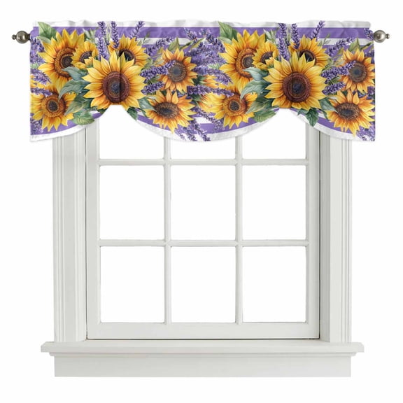 Tie Up Valances for Windows, Sunflower Adjustable Valance Curtains Window Treatment for Living Room, Yellow Summer Floral Purple Striped Farmhouse Rod Pocket Kitchen Curtains & Drapes 54x18 Inch