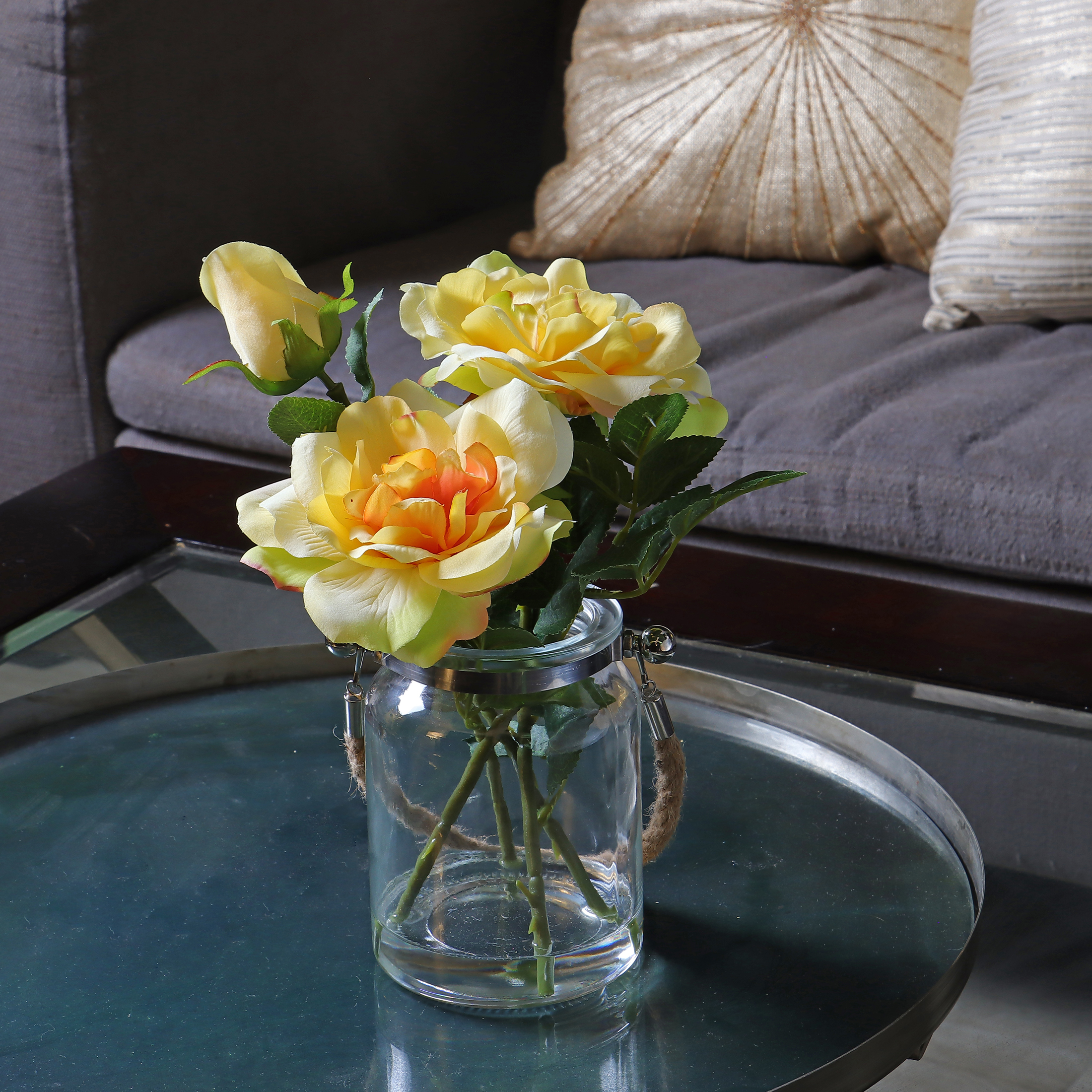 Mainstays 12" Yellow Camelia in Clear Glass Jar - Everyday / Greenery / Artificial Flowers