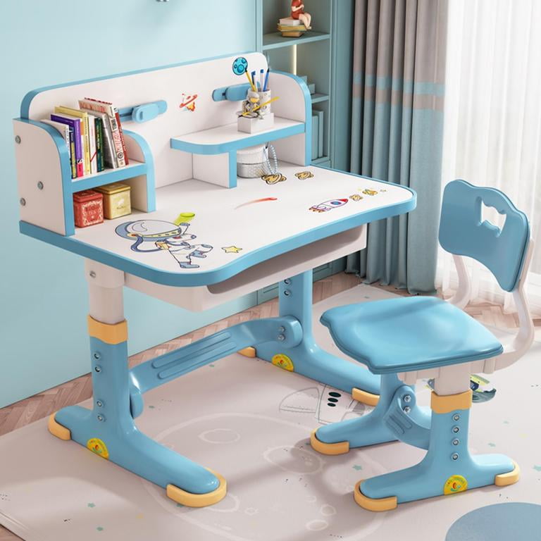 YNCE Kids Desk and Chair Set, Height Adjustable Kids Desk with Storage Drawers and Bookshelf, Ergonomic Desks for Kids, Escritorio para NiñOs