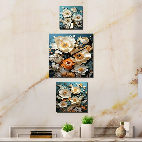 Designart "Soft Tones Buttercup Fusion" Buttercups Multipanel Clock For Living Room Décor - Large Traditional Wall Clock - Oversized Turquoise Wall Clock - Set Of 3