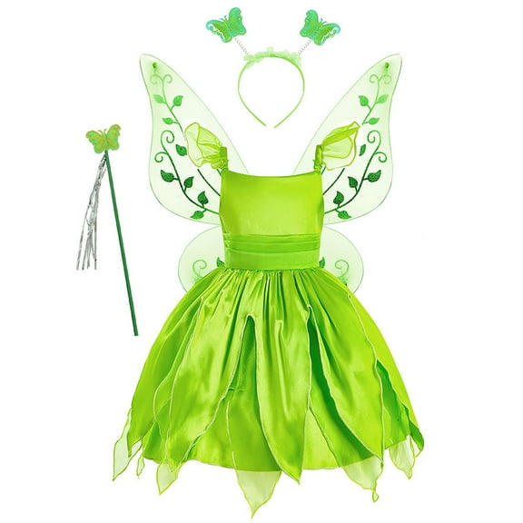 WIBACKER 2-10Y Green Fairy Princess Dresses for Girls Christmas Halloween Costume Cosplay Dress Up with Wing & Accessories