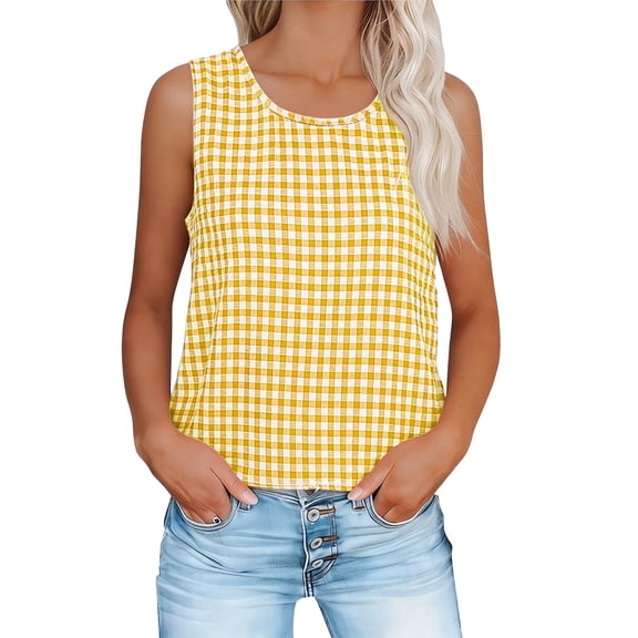 Maqroz Womens Tank Tops Gingham Sleeveless Top Casual Crew Neck Blouse Loung Loung Relaxed Summer Clothing