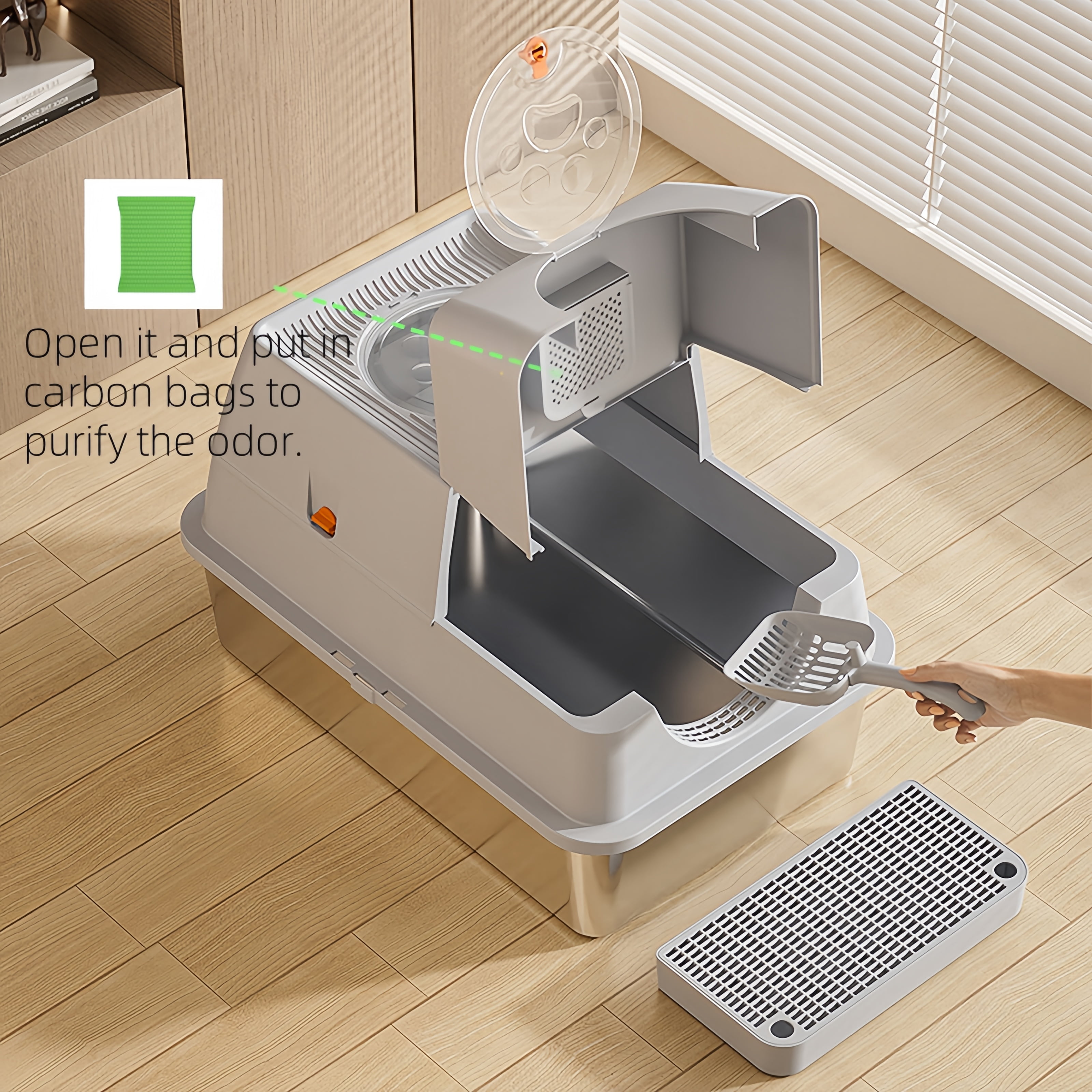 XL Stainless Steel Cat Litter Box, Extra Large Litter Box for Cats, Enclosed Metal Kitty Litter Box with Litter Scooper, Odor-Urine-Proof, Non-Sticky, Easy Rinse Cleaning,Light grey