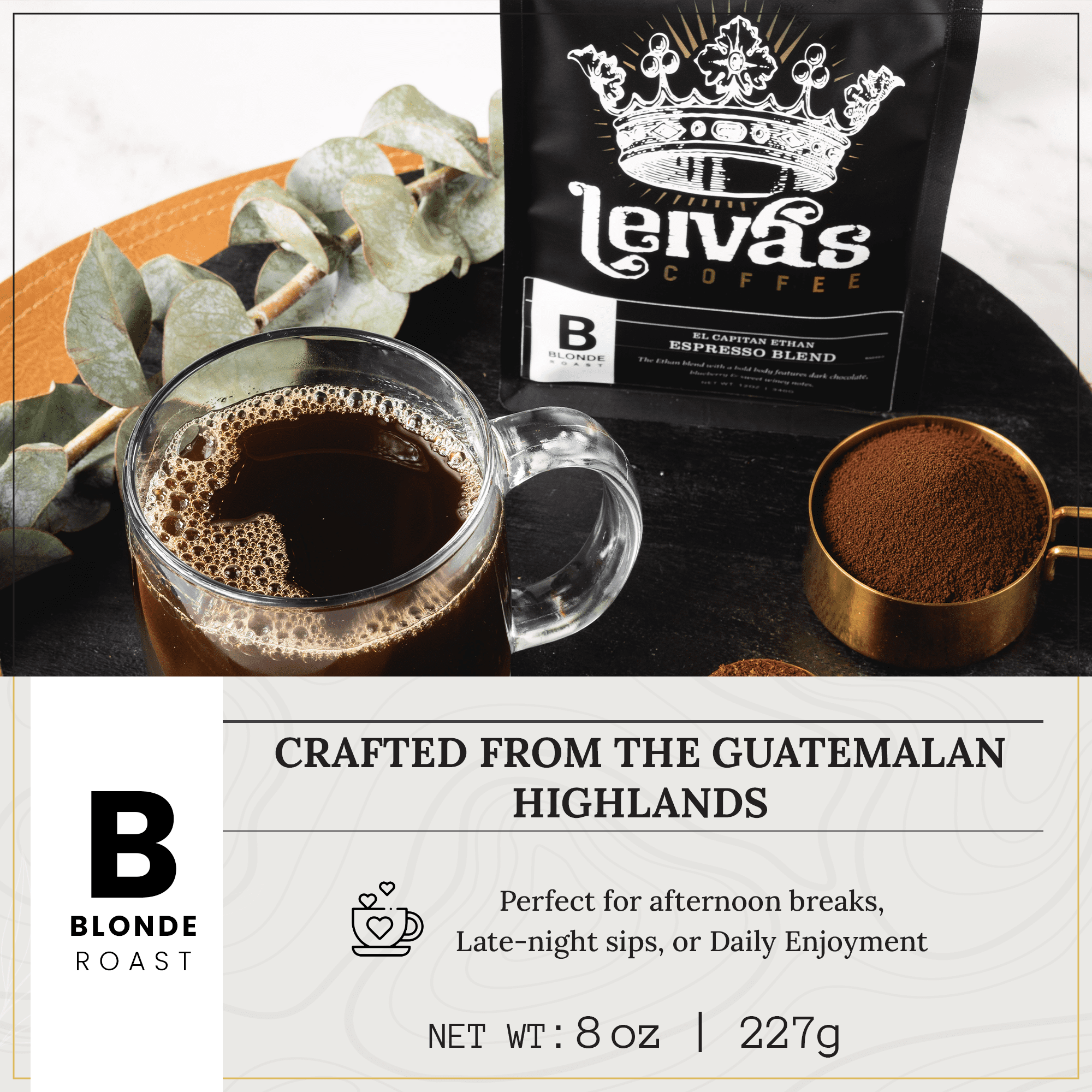 Leiva’s Ground Blonde Espresso (8oz), Roasted to Order, Micro-Lot Guatemalan Beans – El Capitan Elijah Espresso Coffee Ground w/ Floral, Citrus & Caramel Notes - Low Acidity Blonde Roast 2 Pack