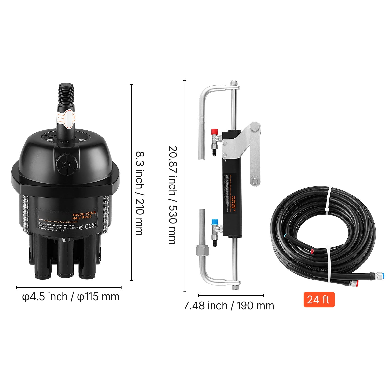 KFFKFF Hydraulic Steering Kit for 90HP Outboard Engines, Marine Steering System with 24 ft High-Strength Hoses, 2.5 MPa Helm Pump, Two-Way Lock Cylinder, Designed for Single-Engine Boats