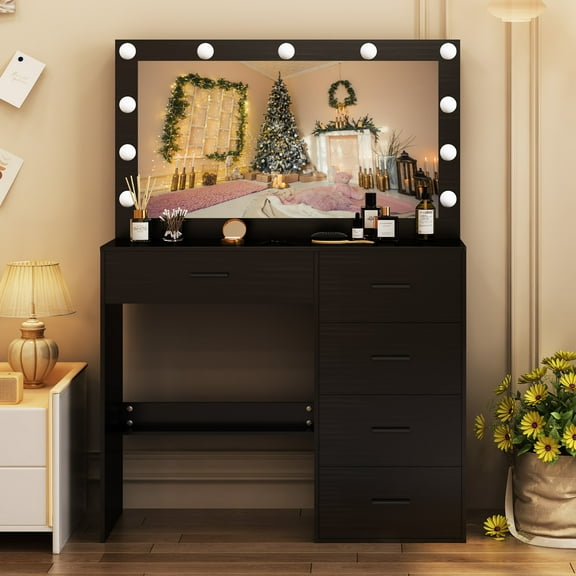 Ciumeeo Vanity Desk with Large LED Lighted Mirror Makeup Table with Drawers, Black