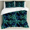 thumbnail image 1 of Vintage Palm Duvet Cover Set King Size, Illustration of Leaf Silhouettes on a Dark Tone Background, Decorative 3 Piece Bedding Set with 2 Pillow Shams, Shamrock Green and Sea Blue, by Ambesonne, 1 of 3