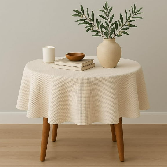 Fennco Styles Waffle Weave Solid Color Tablecloth 72" Round - Natural Refined Woven Table Cover for Home Décor, Dining Table, Banquets, Holidays and Special Occasions