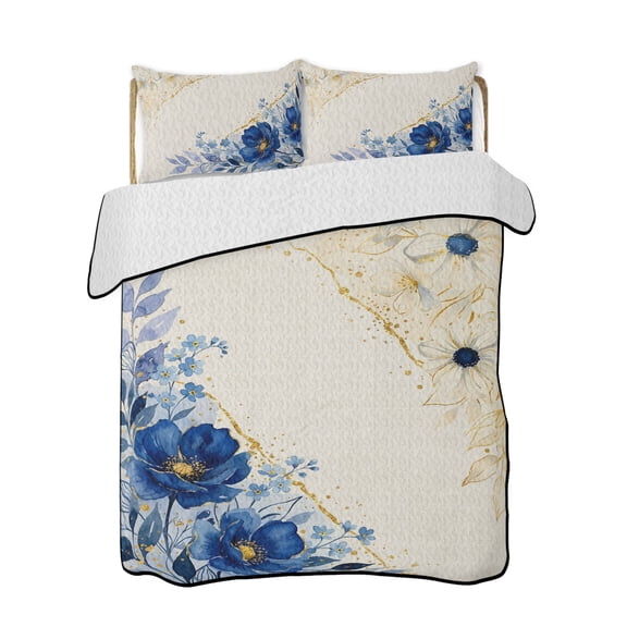 Full Size Quilt Bedding Set, Blue Golden Floral Reversible Summer Quilt 3 Pieces, Summer Flowers Vintage Beige Lightweight Bedspreads Coverlets with 2 Pillow Shams for All Seasons