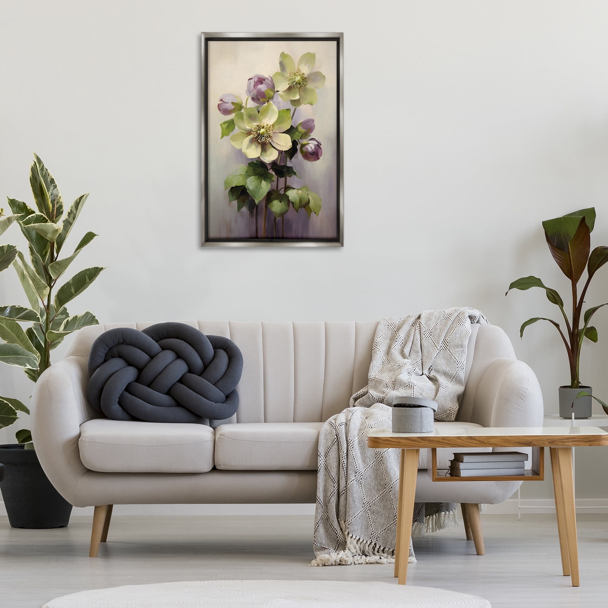 Stupell Industries Green & Purple Flowers Botanical & Floral Painting Gray Floater Framed Art Print Wall Art, 21 x 31