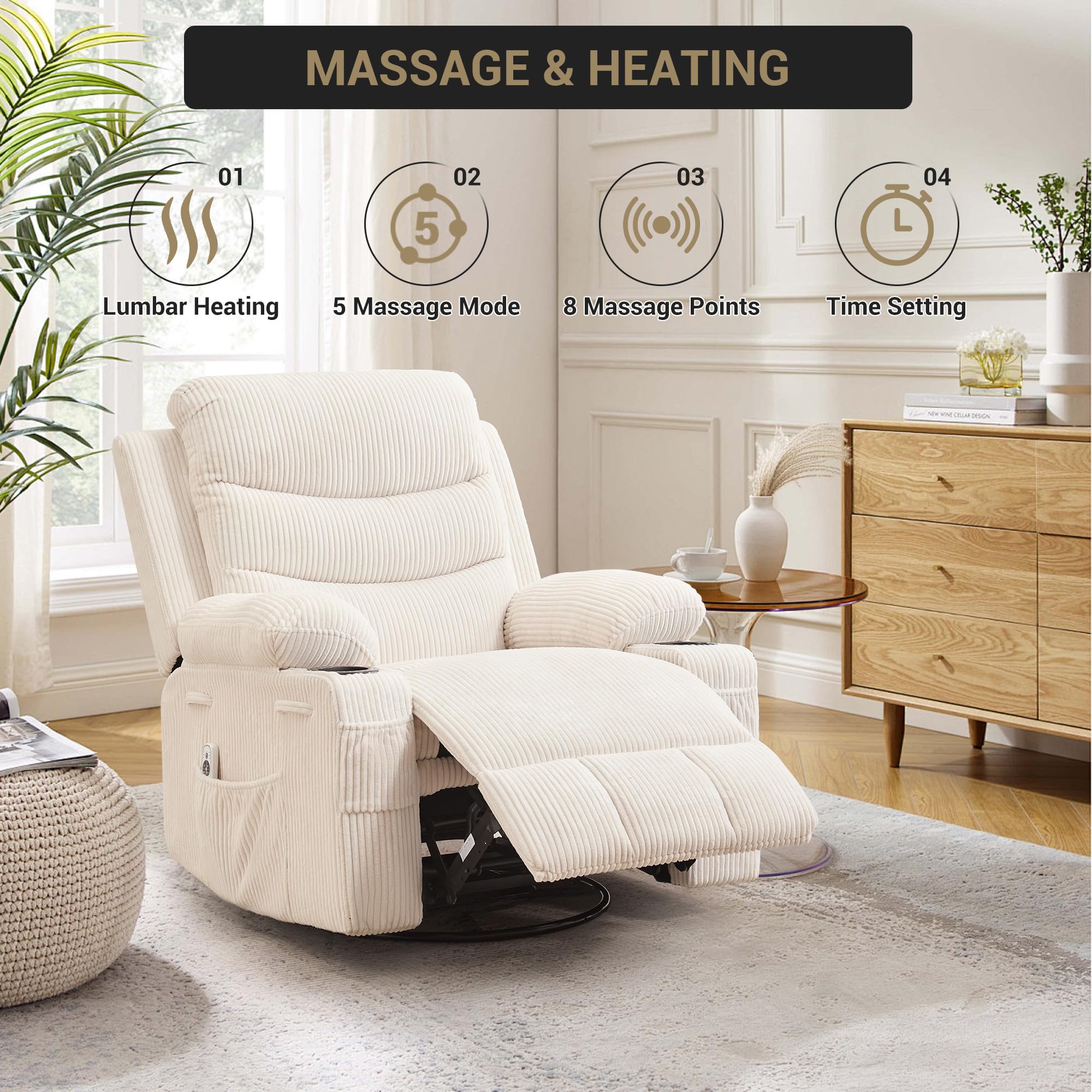 Recliner Chair Nursery, Oversized Manual Reclining Rocking Chair, 360 Swivel Glider with Cup Holder, Massage and Heat Recliner, Indoor Small Single Sofa Chairs for Adults RV Bedroom, Beige/Grey/Brown