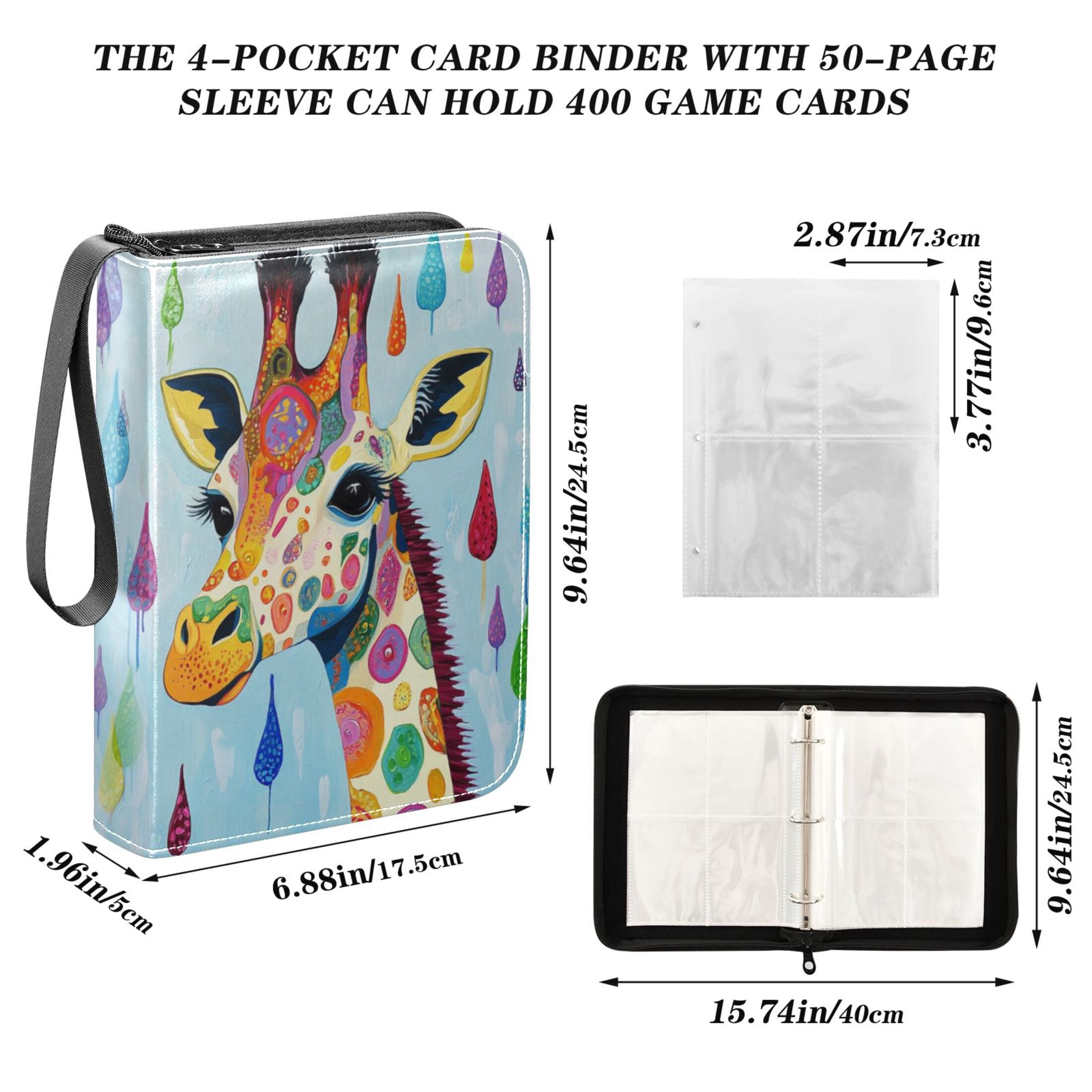 Game Card Storage Bag Collectible Trading Card Albums The 4-Pocket Card Binder With 50-Page Sleeve Can Hold 400 Game Cards Colorful Cool Giraffe