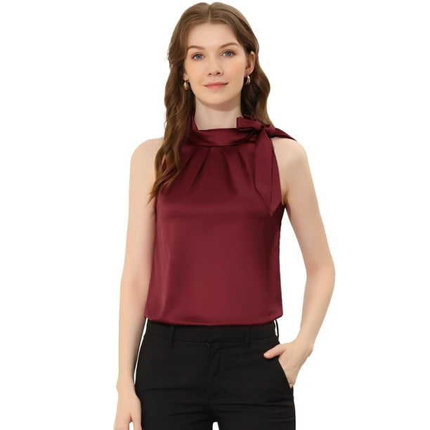 INSPIRE CHIC Blusa elegante de satén sin mangas con lazo y cuello de pajarita para mujer borgo?a M