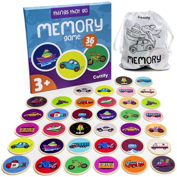 Juego de combinación de madera inspirado en Montessori para niños de 2 a 4 años - Things That Go - Juego de 36 cartas duradero y resistente a los arañazos que incluye bolsa de transporte - Juego de me
