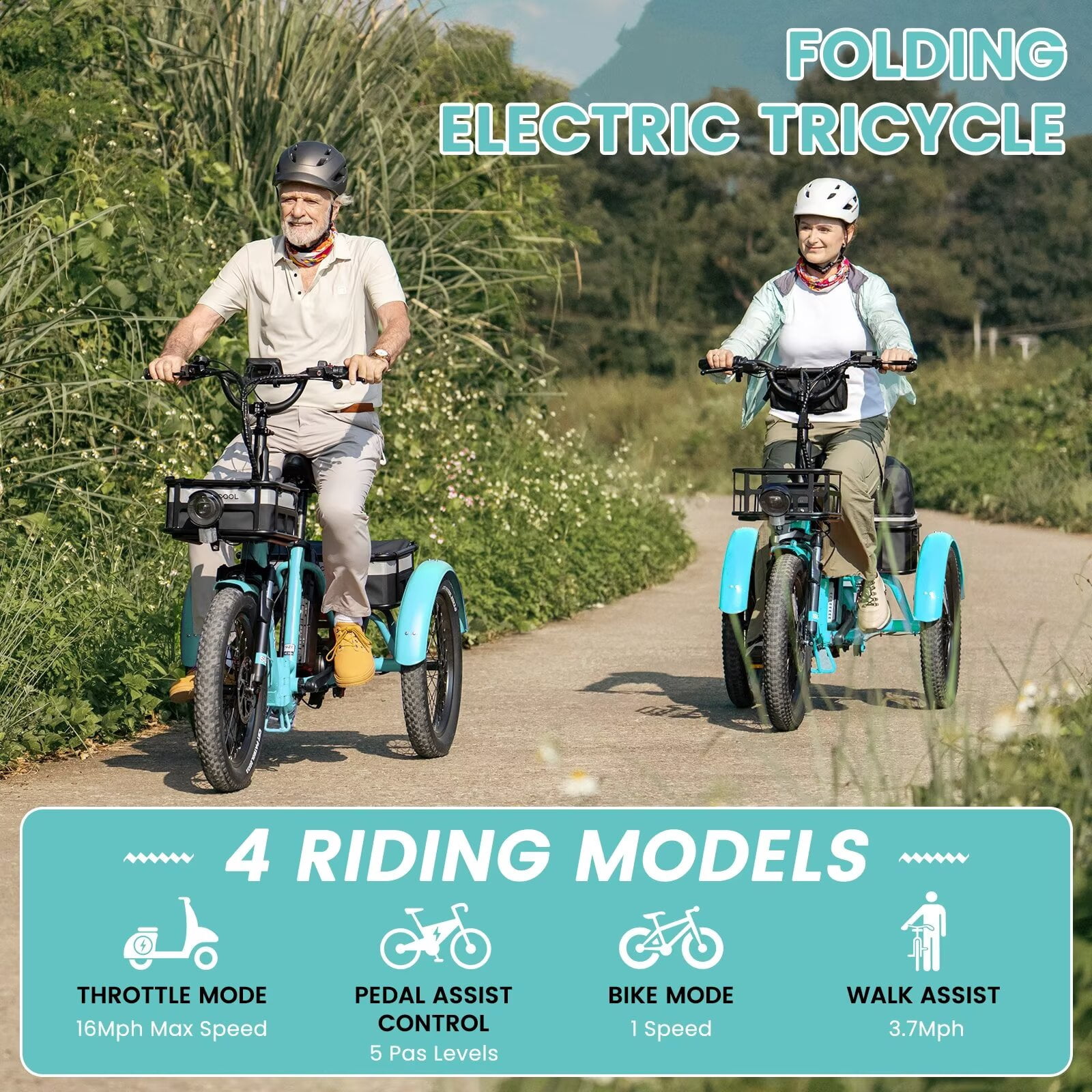 Lilypelle  Folding Electric Tricycle for Adults, Peak 1000W Motor 48V Foldable Ebike Electric Trike, 20" Fat Tire 3 Wheel Electric Bicycle with Front & Rear Baskets & Pet Carrier