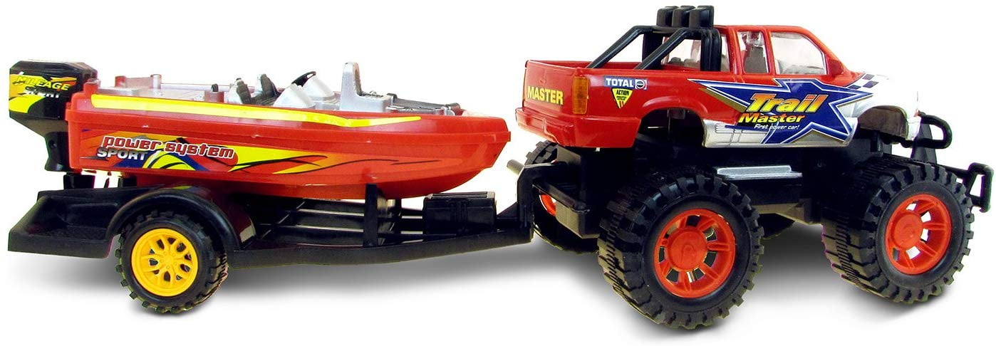 Mozlly Monster Truck Toys Set with Trailer Toy Boat - Friction Powered Hauling Truck and Trailer Toy, Big Toy Monster Truck with Boat, Adventure Truck Pulling Boat Toy Monster Trucks for Kids - 9 Inch