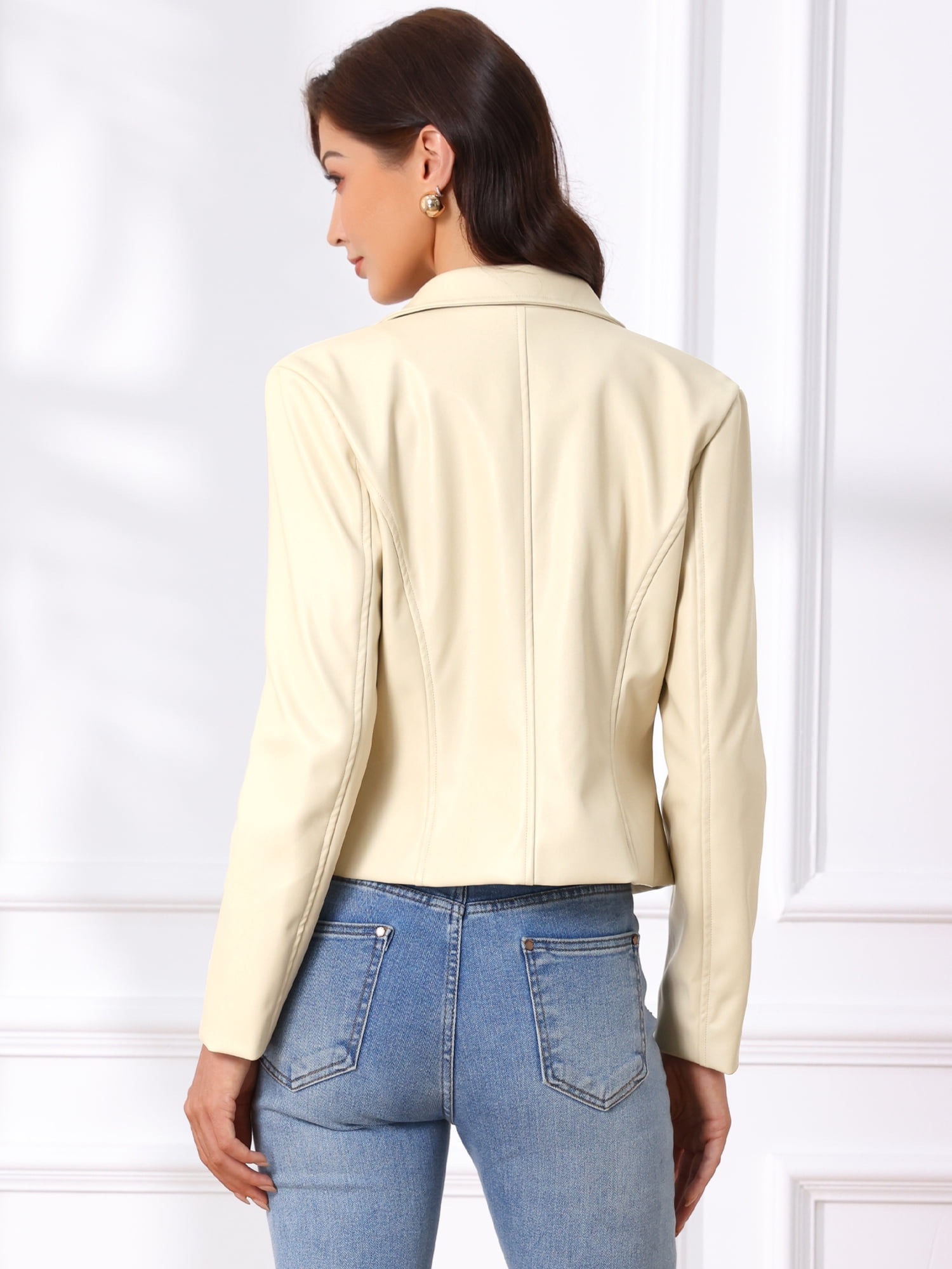 DARING DIVA Women's Faux Leather Motorcycle Jacket for Women Casual Cropped PU Leather M White