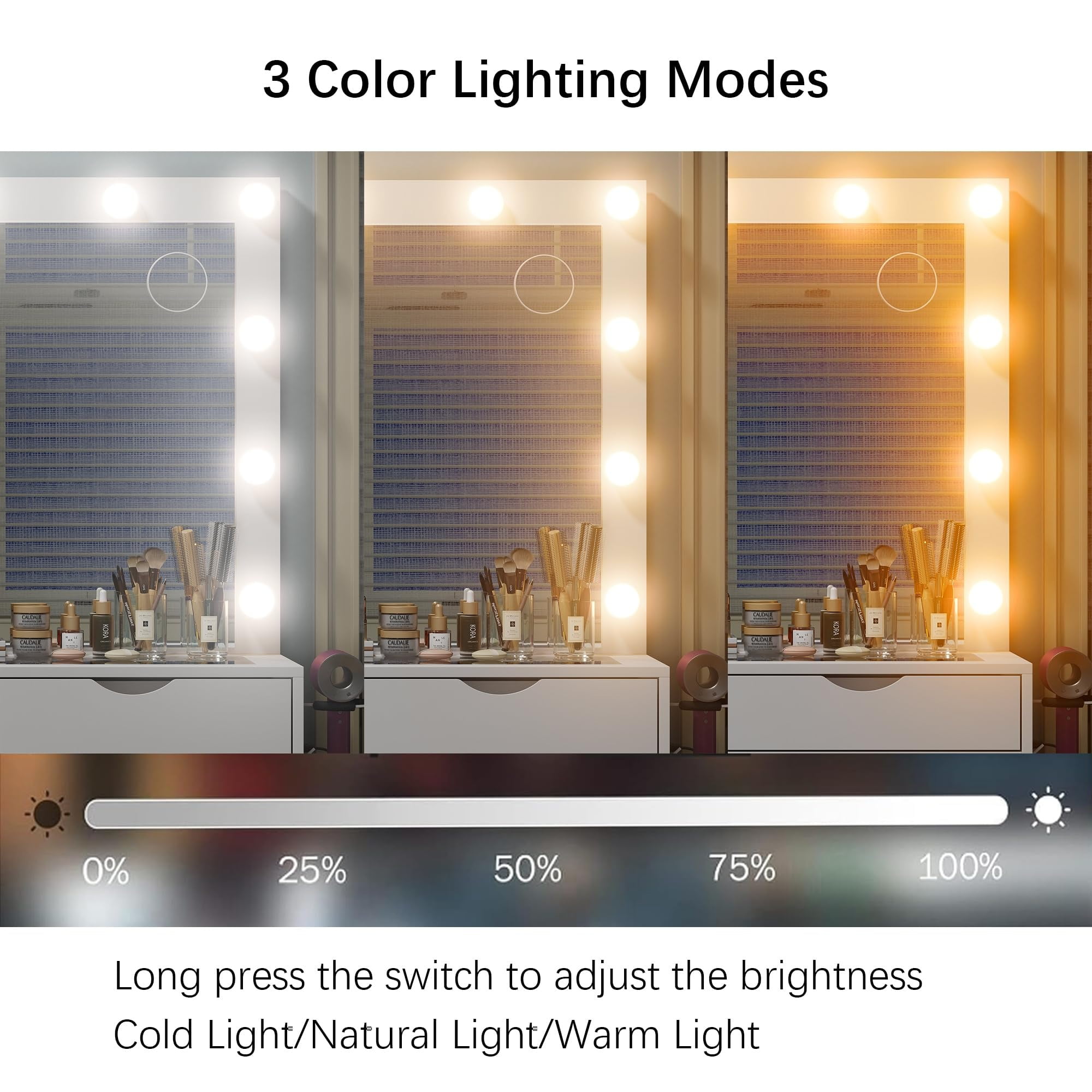Yanosaku Vanity Desk with USB Outlet, Mirror & 13 LED Lights, Adjustable Brightness, Glass Top Dressing Table