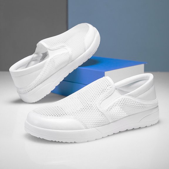 Men's Big Size 39-47 White Breathable Mesh Slip On Casual Walking Shoes, Lightweight Non-Slip Loafer Trainers, Wide Toe Summer Driving Daily Footwear