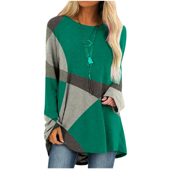 ICHUANYI Women's Trendy Long Sleeve Shirt Crew Neck Cute Tunic Color Block Tops Casual Loose Pullover Fall Winter Clothing 2023