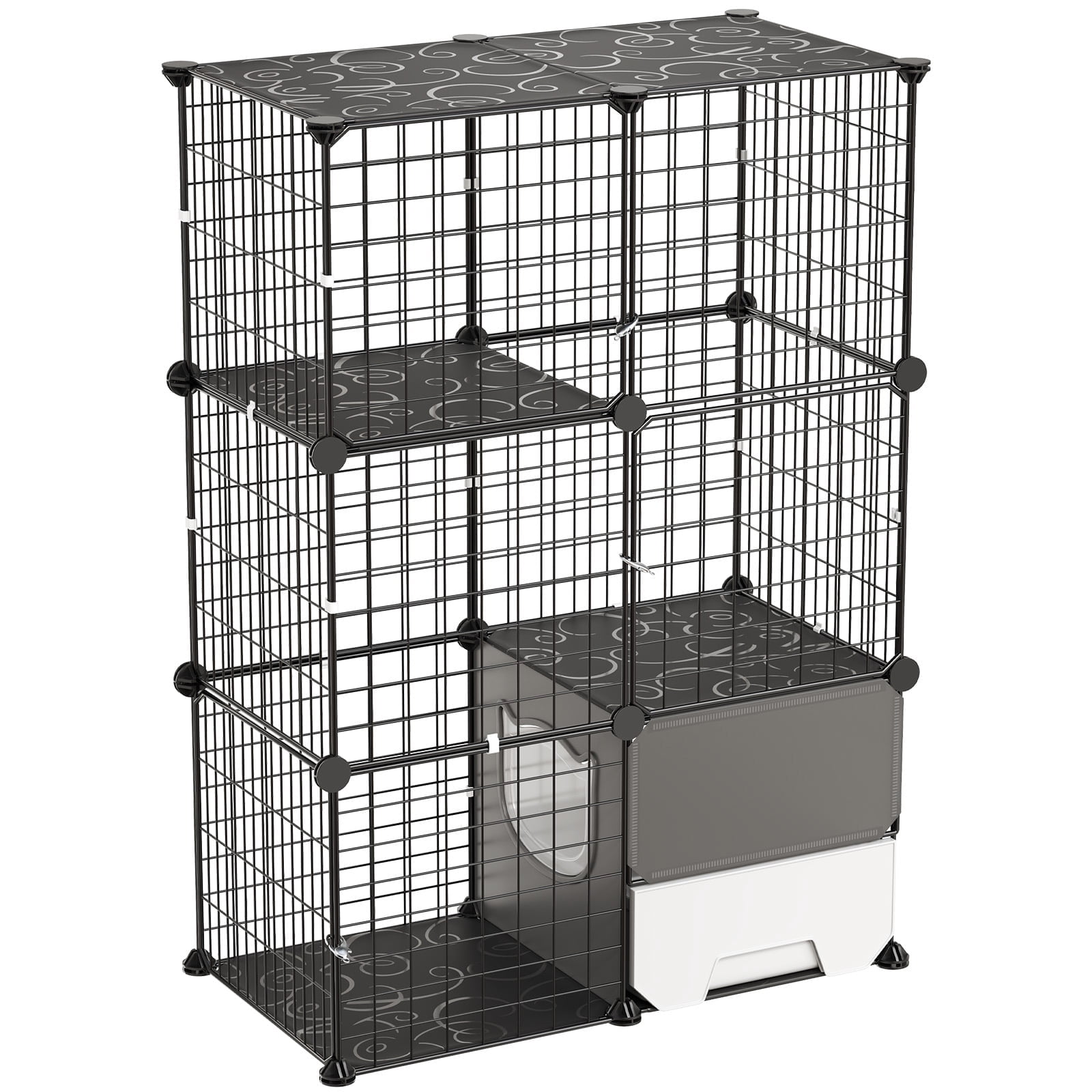 KFFKFF 3-Tier Cat Cage 28"x17.91"x40.98" DIY Playpen with Litter Box, Indoor Metal Wire Enclosure, Spacious Exercise Area for 1-2 Cats, Kittens, or Small Pets, Black