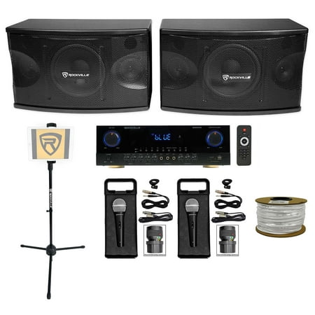 2) Rockville KPS80 8 Karaoke Speakers+Bluetooth Amplifier+2) Mics+Tablet Stand + Rockville R14GSBR100 Red/Blk 14 Gauge 100 Ft. Mini Spool Car Audio Speaker Wire