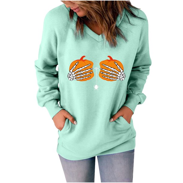 Sudadera clásica de manga larga con cuello en V y estampado de Halloween para mujer Pompotops FGAJ15160