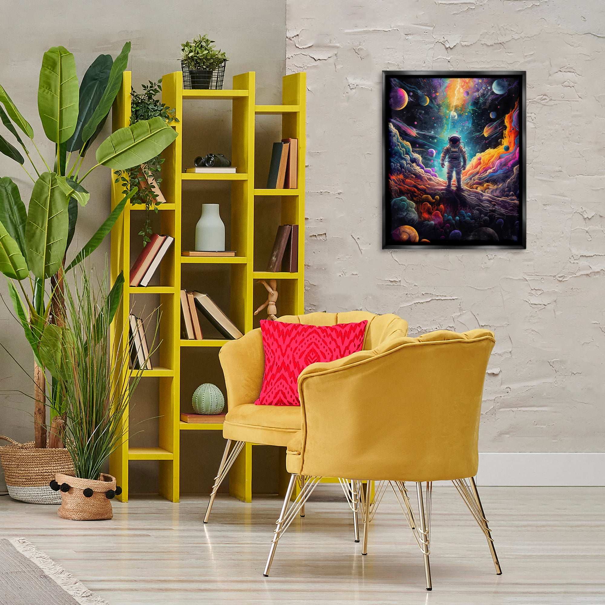 Stupell Industries Astronaut on Planet Terrain Astrology & Stars Painting Black Floater Framed Canvas Art Print Wall Art, 17 x 21
